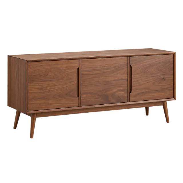 A low dark wood sideboard with three plain cabinet doors and angled legs