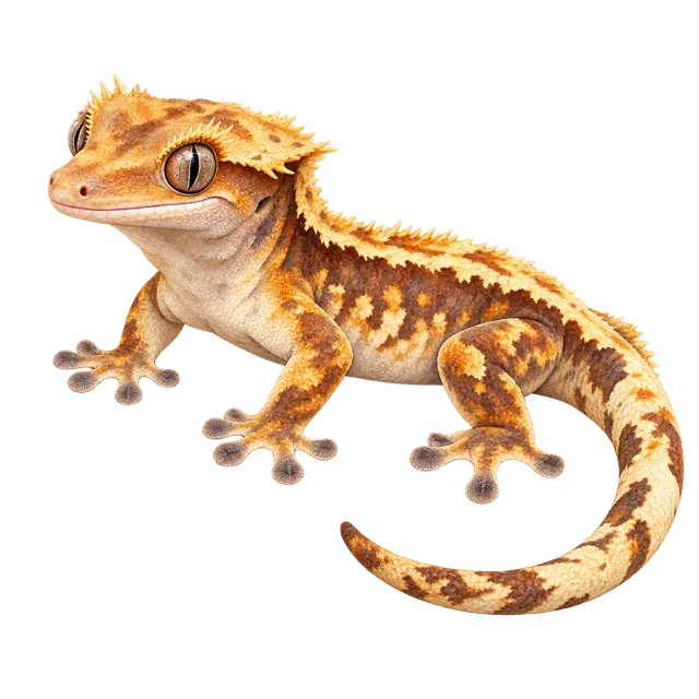 Watercolor-style illustration of crested gecko with brown patterned skin and fringed head ridges