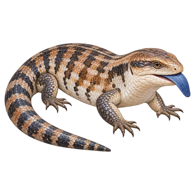 Watercolor-style illustration of blue tongued skink with brown banded scales and a blue tongue
