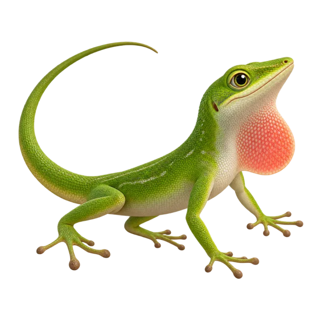 3D-style character illustration of green anole with a slender green body and long tail and a red throat flap