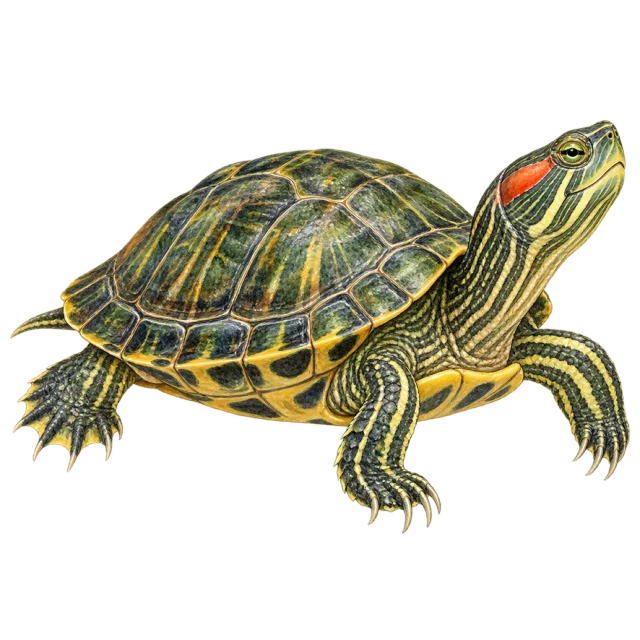 Watercolor-style illustration of red eared slider turtle with a patterned shell and red head marking
