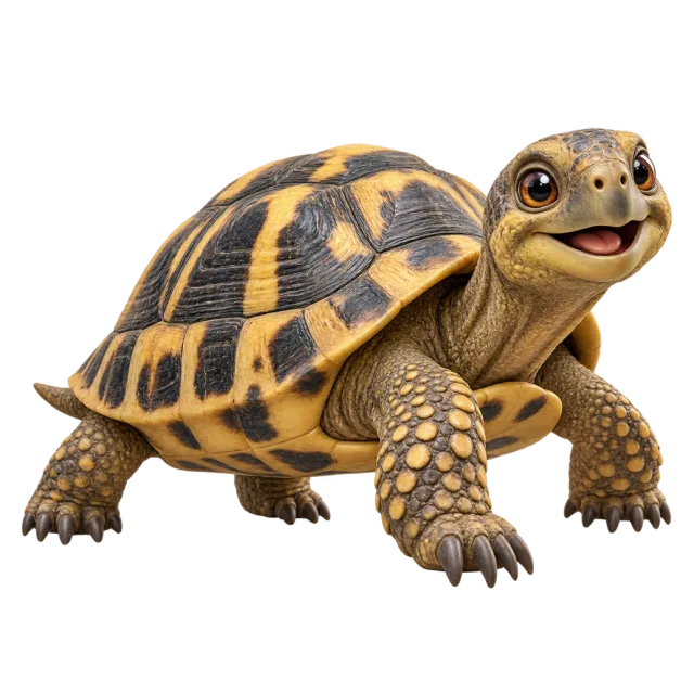 3D-style character illustration of hermann tortoise with a domed yellow and dark shell