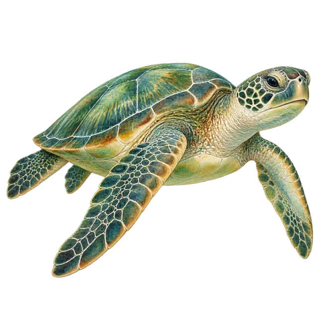 Watercolor-style illustration of green sea turtle with broad flippers and a patterned shell