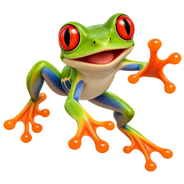 3D-style character illustration of red eyed tree frog with bright red eyes and orange toes and one orange foot raised