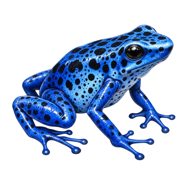 Watercolor-style illustration of blue poison dart frog with blue skin with dark spots