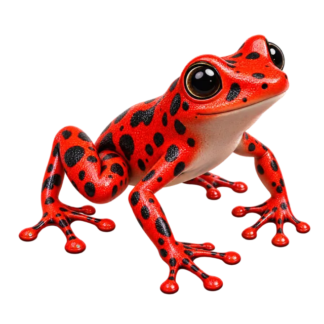 3D-style character illustration of strawberry poison dart frog with red skin with dark spots