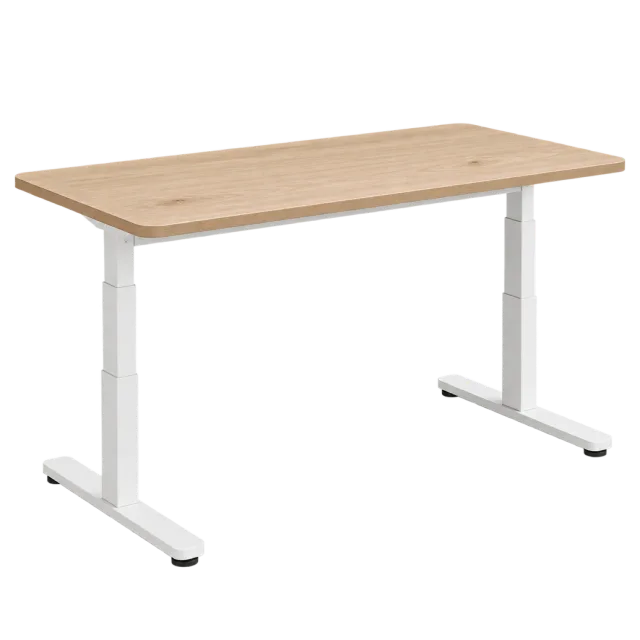 A rectangular light wood desktop on white adjustable-style metal legs