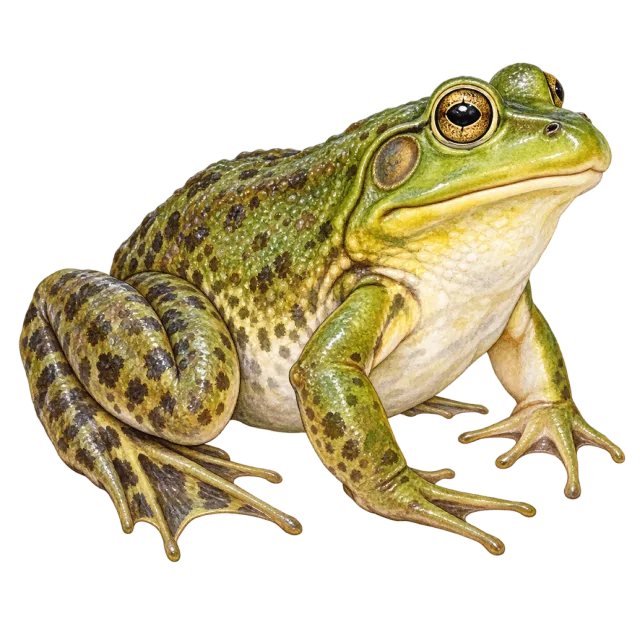 Watercolor-style illustration of american bullfrog with mottled green-brown skin and a pale throat