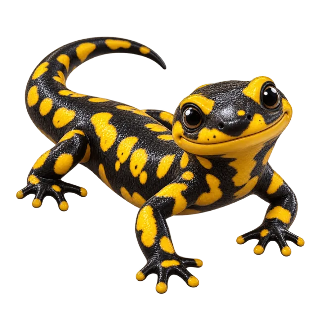 3D-style character illustration of fire salamander with black skin with yellow markings