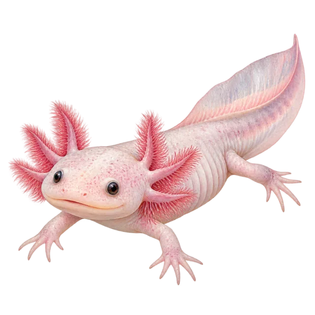 Watercolor-style illustration of axolotl with pale pink skin and feathery external gills