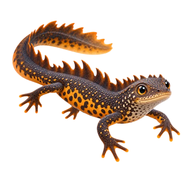 3D-style character illustration of crested newt with a ridged back and orange belly markings