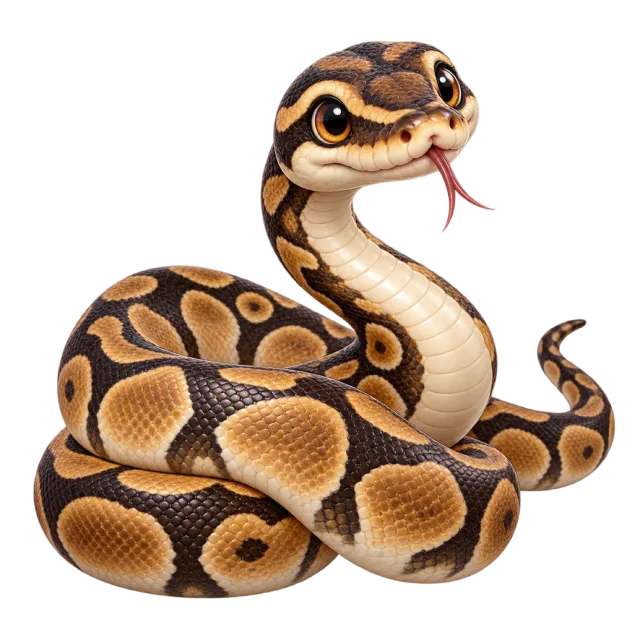 3D-style character illustration of ball python with brown and black patterned scales and a raised head