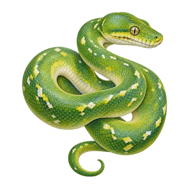 Watercolor-style illustration of green tree python with green scales and a coiled body
