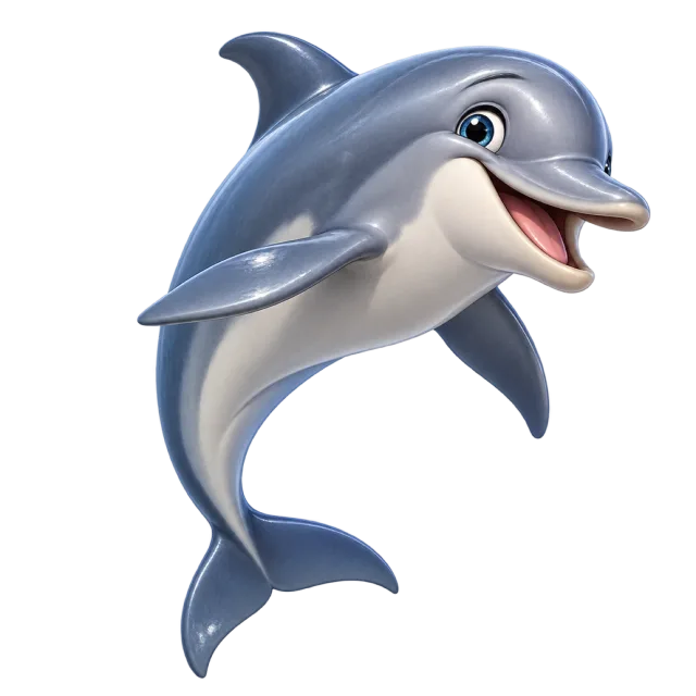 3D-style character illustration of bottlenose dolphin with a smooth gray body and curved dorsal fin