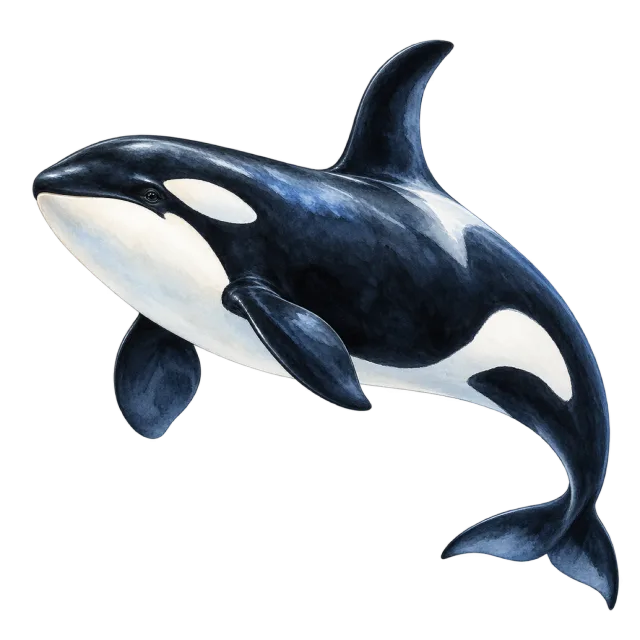 Watercolor-style illustration of orca with black and white markings