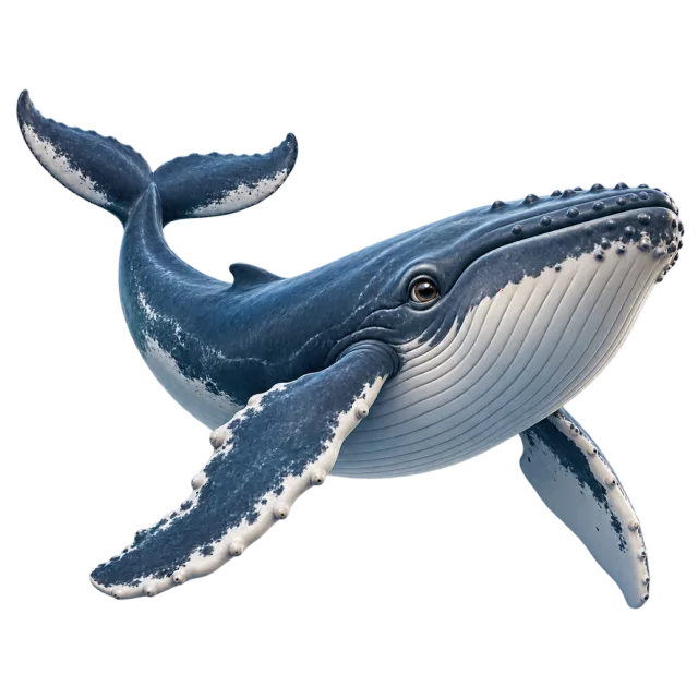 3D-style character illustration of humpback whale with long flippers and a ridged pale underside