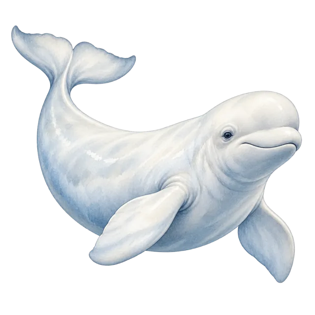 Watercolor-style illustration of beluga whale with a smooth white body