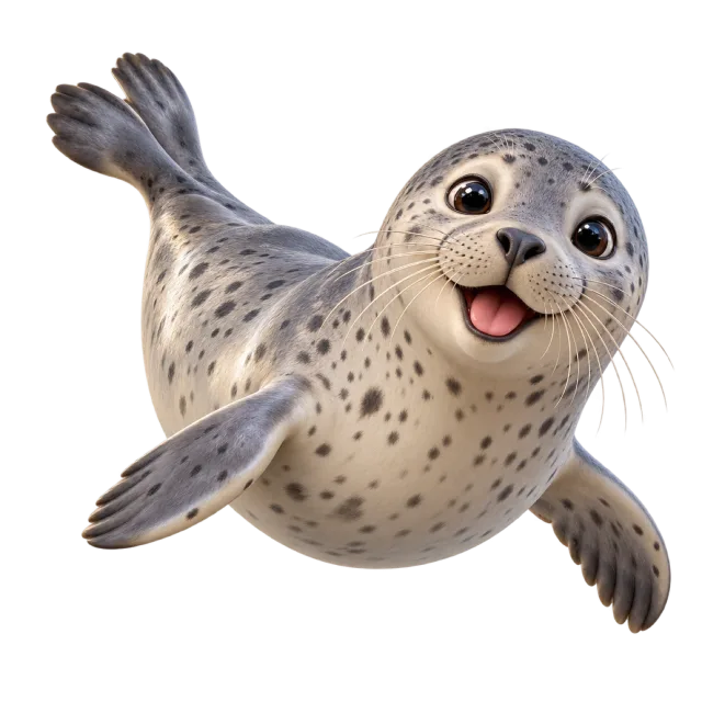 3D-style character illustration of harbor seal with speckled gray fur and whiskers and flippers extended