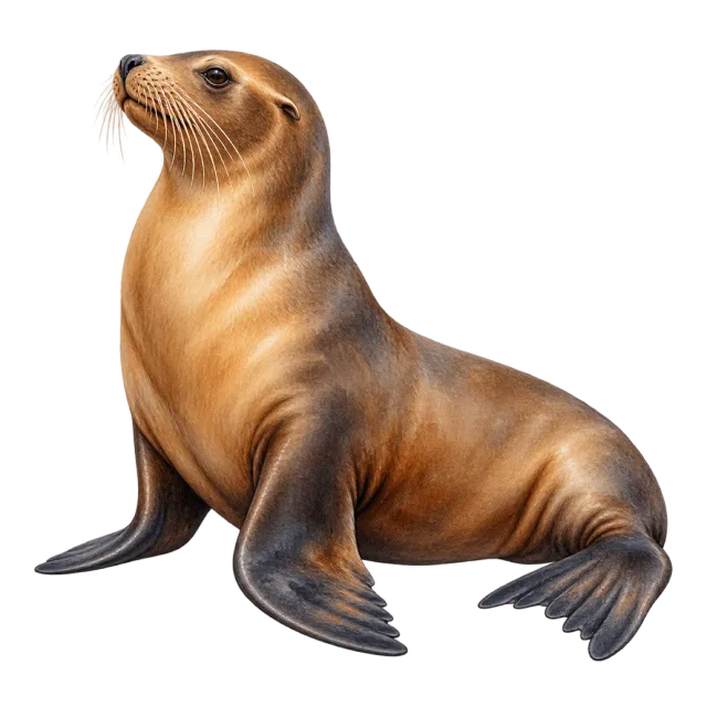 Watercolor-style illustration of sea lion with brown fur and broad front flippers