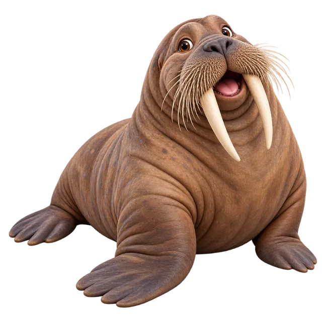 3D-style character illustration of walrus with long pale tusks and whiskers