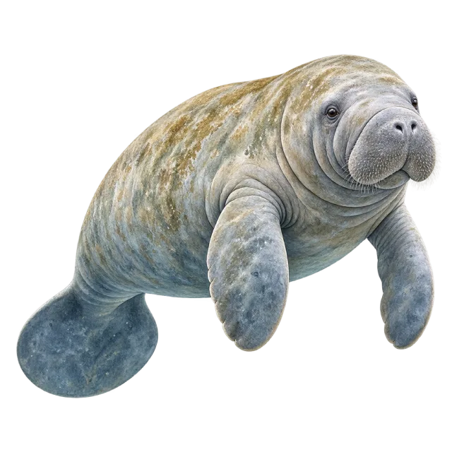 Watercolor-style illustration of manatee with a rounded gray body and paddle-like flippers
