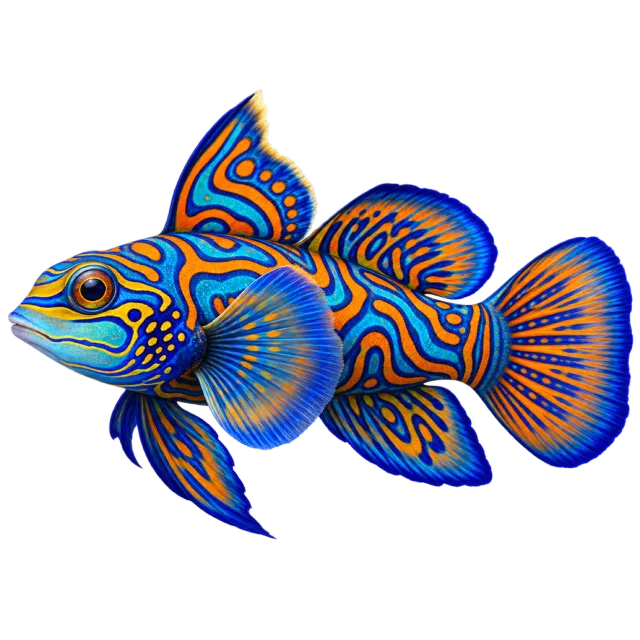 3D-style character illustration of mandarin fish with bright blue, orange and green patterned fins