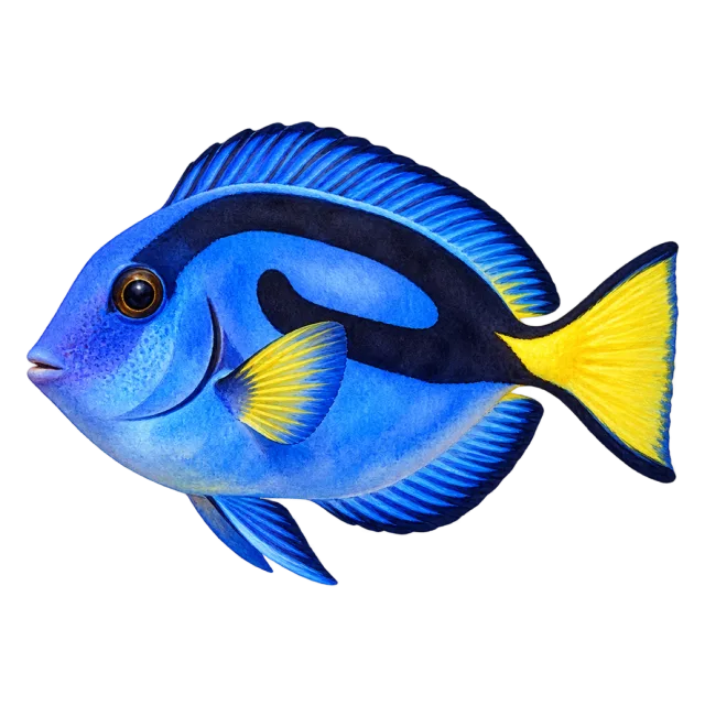 Watercolor-style illustration of blue tang with blue coloring with a yellow tail