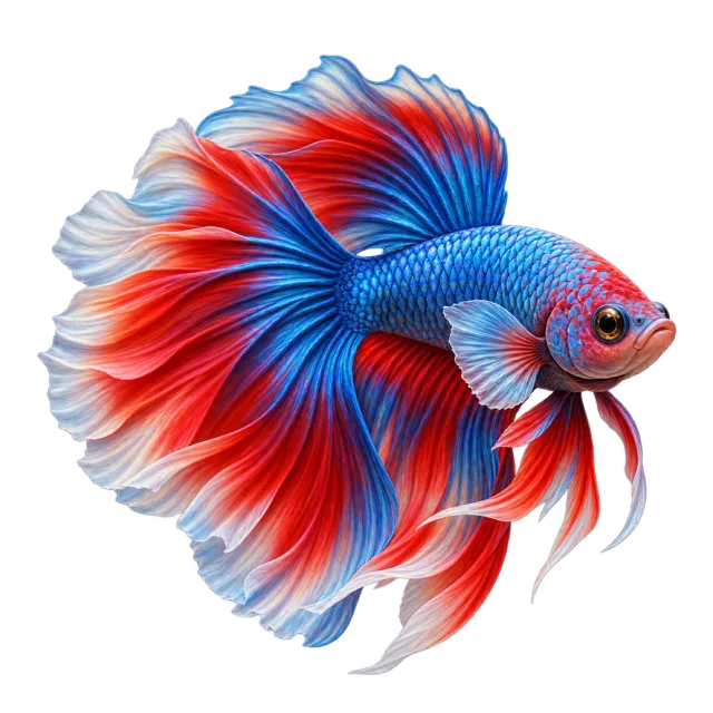 3D-style character illustration of betta fish with flowing red and blue fins