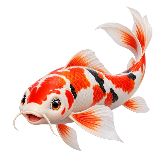 3D-style character illustration of koi carp with red, white and black markings