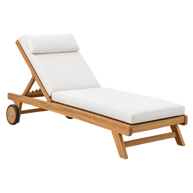 A wooden reclining sun lounger with white padding, a head cushion and rear wheels