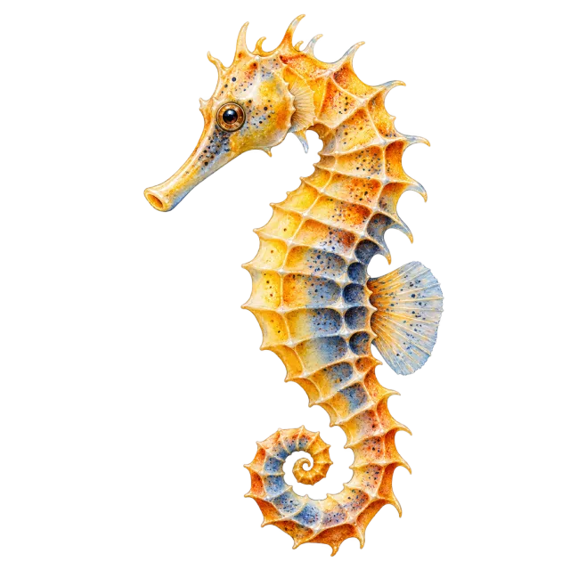 Watercolor-style illustration of seahorse with a curled tail and ridged body