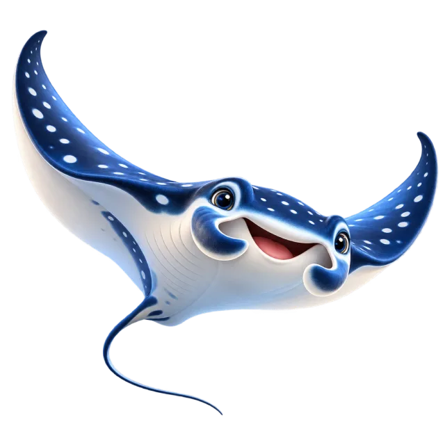 3D-style character illustration of manta ray with broad wing-like fins