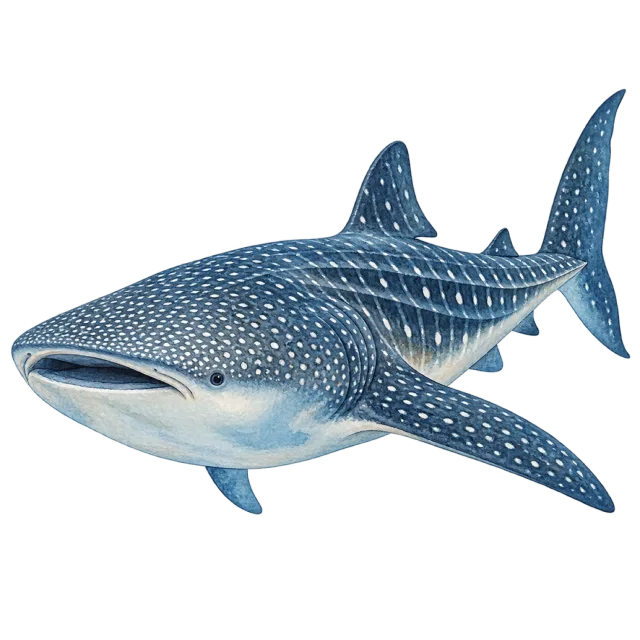 Watercolor-style illustration of whale shark with a spotted blue-gray body