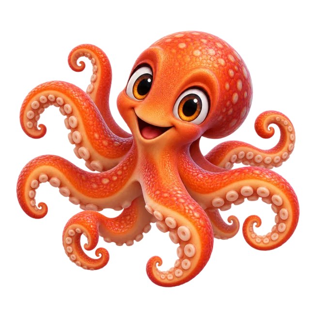 3D-style character illustration of octopus with curled arms lined with suckers