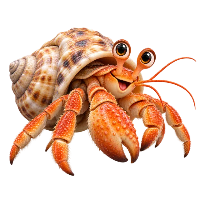 3D-style character illustration of hermit crab with a spiral shell and orange claws