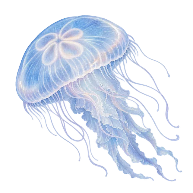 Watercolor-style illustration of moon jellyfish with a translucent bell and fine trailing tentacles