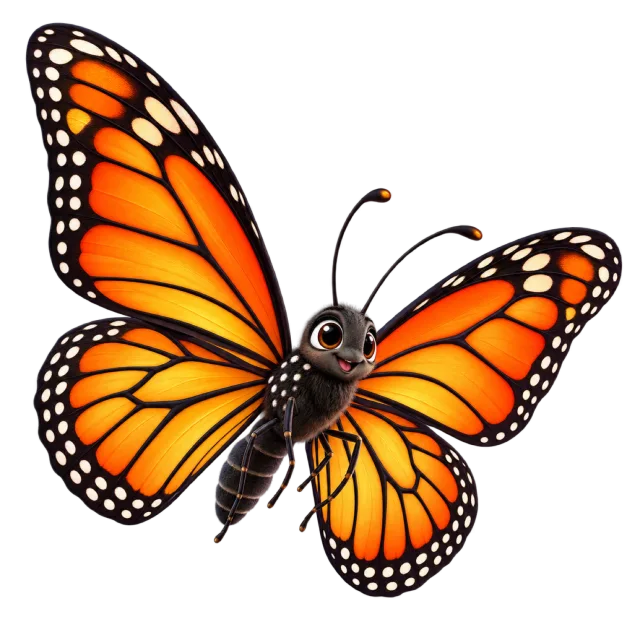 3D-style character illustration of monarch butterfly with orange wings with black veins and pale edge spots