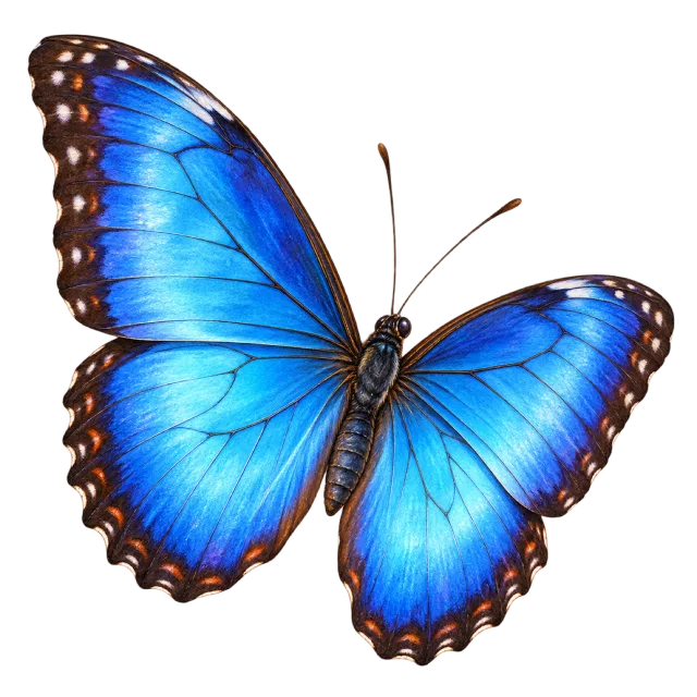 Watercolor-style illustration of blue morpho butterfly with bright blue wings with dark edges