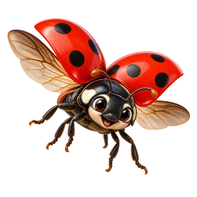3D-style character illustration of seven spot ladybird with red wing covers with dark spots and open wing covers