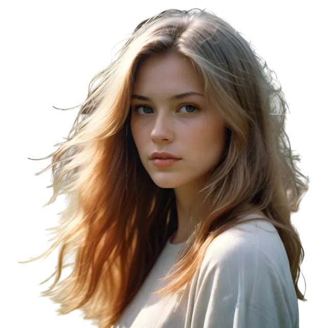 Woman in a pale top with long flowing hair looking over her shoulder on a transparent background