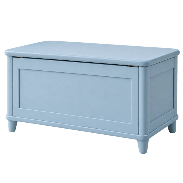 A pale blue wooden storage chest with a flat lid and short feet
