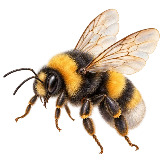 Watercolor-style illustration of bumblebee with fuzzy black and yellow bands