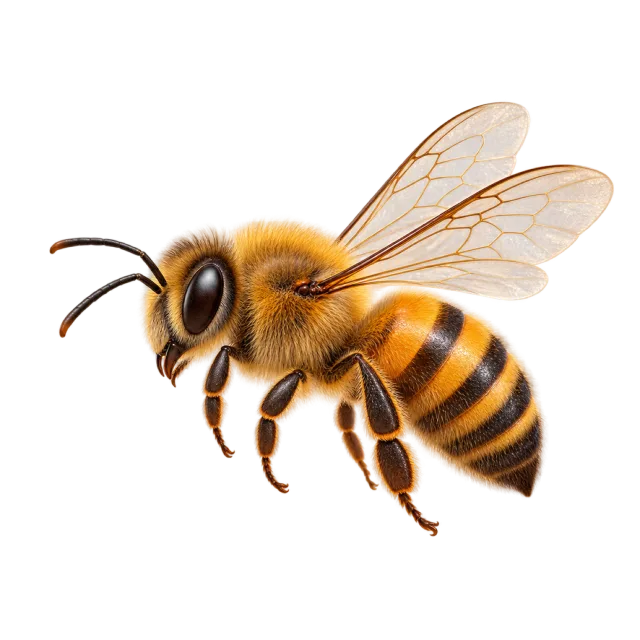 3D-style character illustration of honeybee with a striped golden-brown body