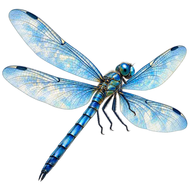 Watercolor-style illustration of blue dragonfly with blue coloring and transparent wings