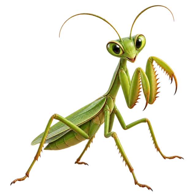 3D-style character illustration of praying mantis with a green body and folded forelegs