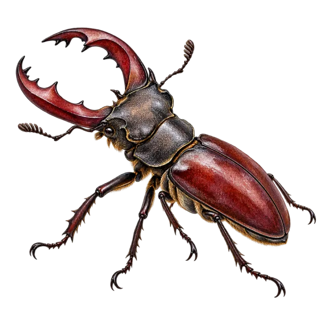 Watercolor-style illustration of stag beetle with large curved mandibles and dark wing covers
