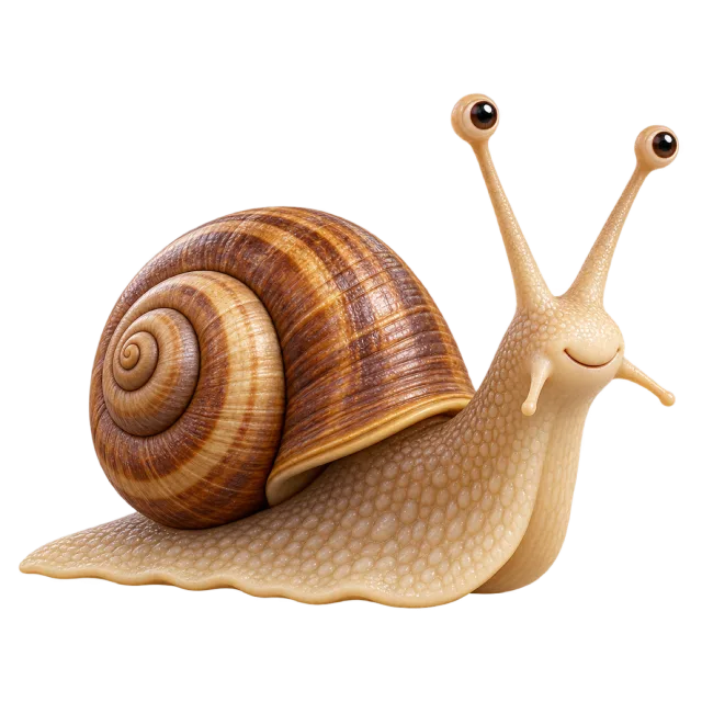 3D-style character illustration of garden snail with a spiral shell and long eye stalks