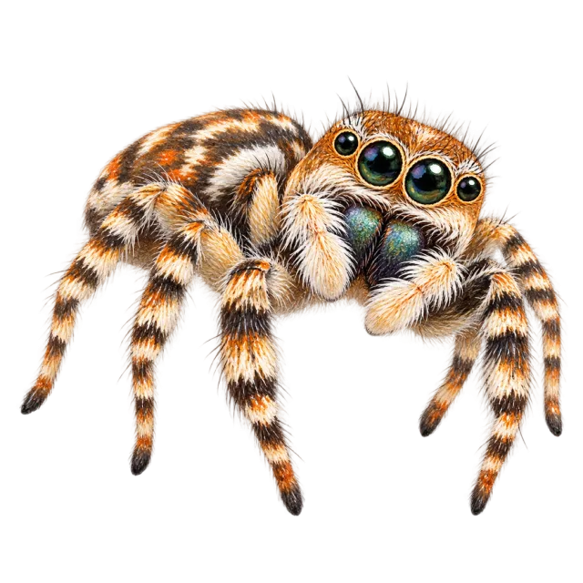 Watercolor-style illustration of jumping spider with large forward-facing eyes and hairy legs