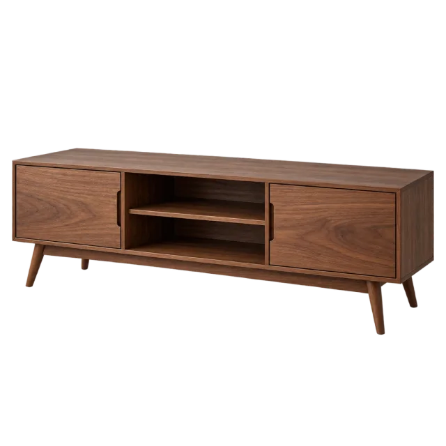 A low wooden TV cabinet with two side doors and open central shelves
