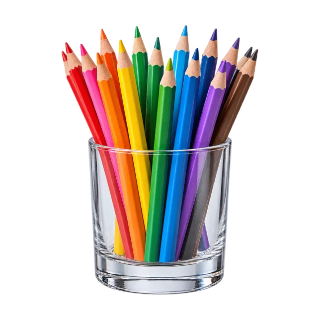 Realistic-style illustration of rainbow colored pencils in a cup